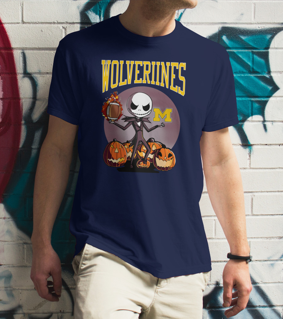 Michigan Wolverines Halloween Jack Skellington Football Pumpkins T-Shirt