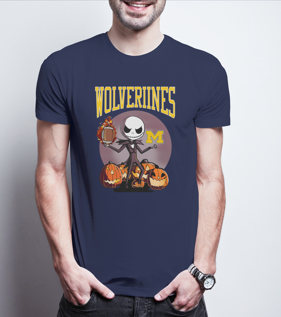 Michigan Wolverines Halloween Jack Skellington Football Pumpkins T-Shirt