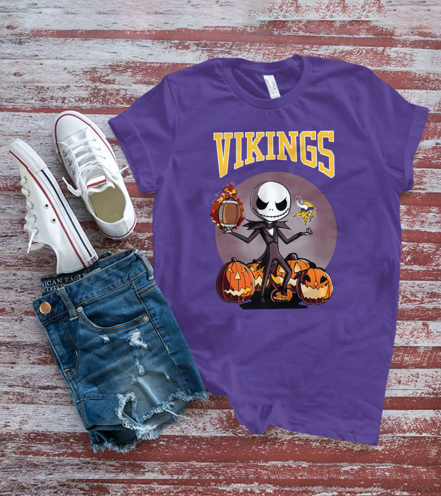 Vikings Jack Skellington Halloween Football Pumpkins T-Shirt