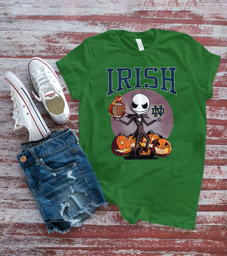 Irish Notre Dame Jack Skellington Halloween Football Pumpkins T-Shirt