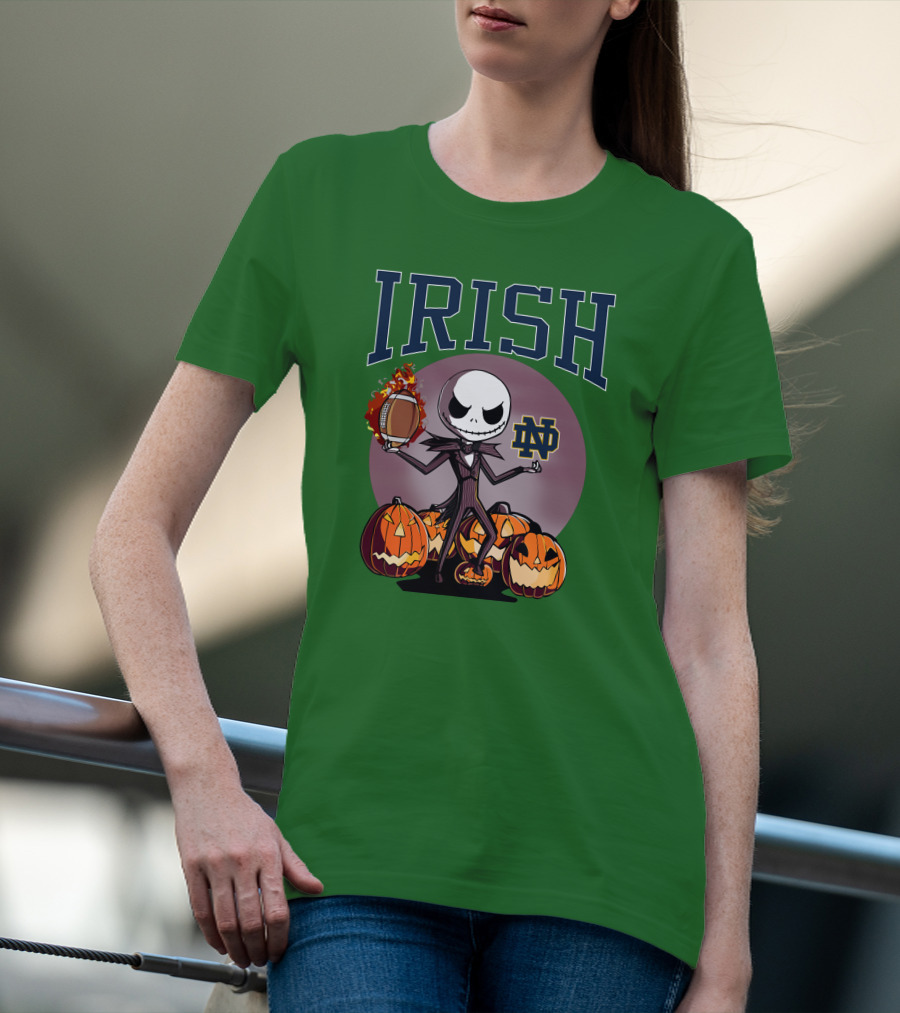 Irish Notre Dame Jack Skellington Halloween Football Pumpkins T-Shirt