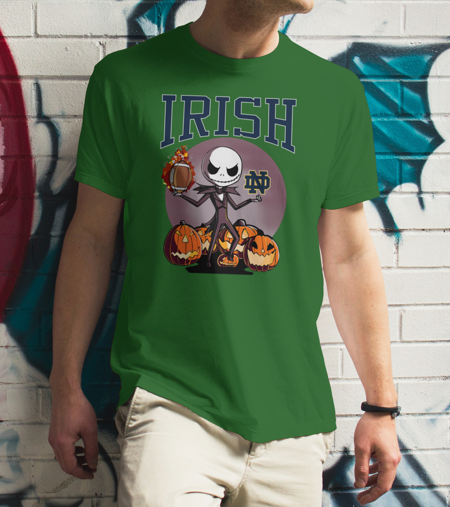 Irish Notre Dame Jack Skellington Halloween Football Pumpkins T-Shirt