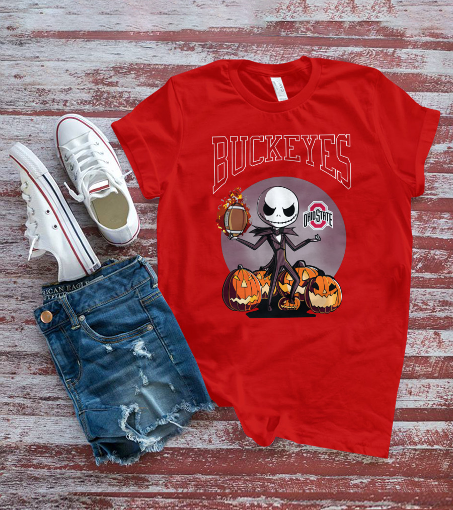 Ohio State Buckeyes Jack Skellington Halloween Football Pumpkins T-Shirt