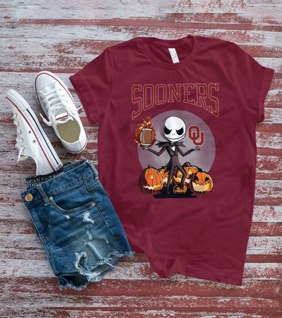 Sooners Halloween Jack Skellington OU Football Pumpkins T-Shirt