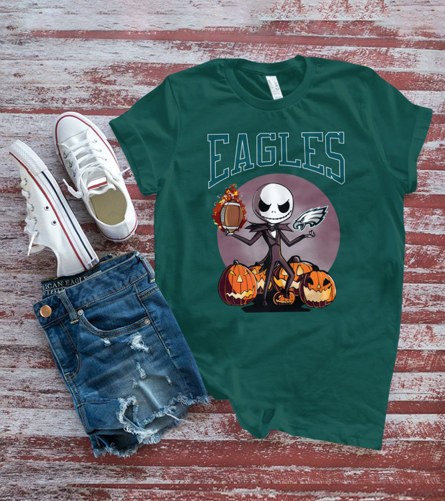 Philadelphia Eagles Jack Skellington Halloween Football Pumpkins T-Shirt