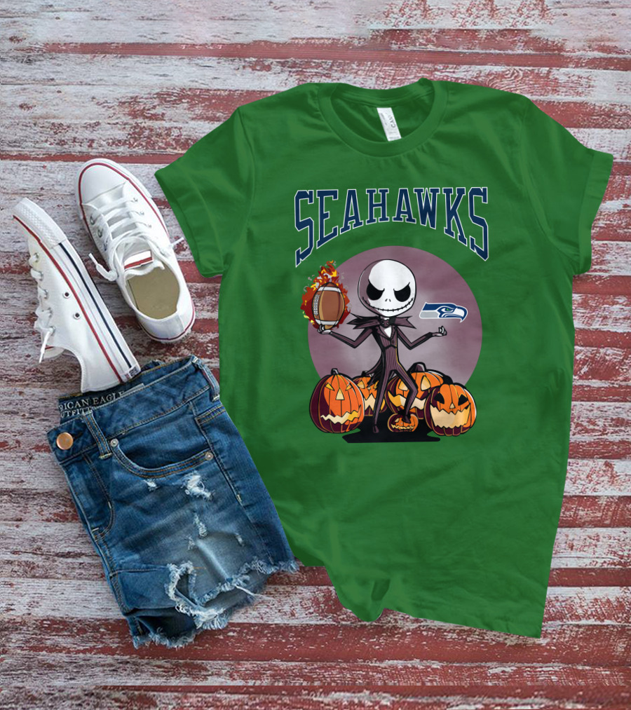 Seattle Seahawks Jack Skellington Halloween NFL Football Pumpkins T-Shirt