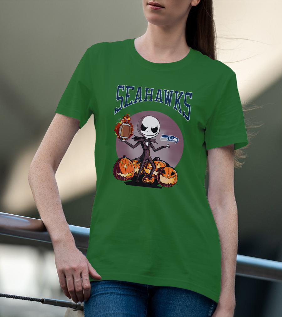 Seattle Seahawks Jack Skellington Halloween NFL Football Pumpkins T-Shirt