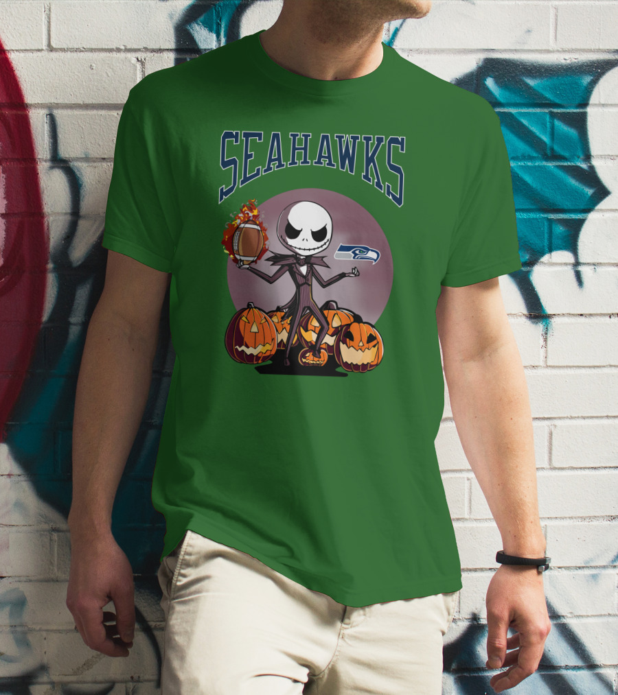 Seattle Seahawks Jack Skellington Halloween NFL Football Pumpkins T-Shirt