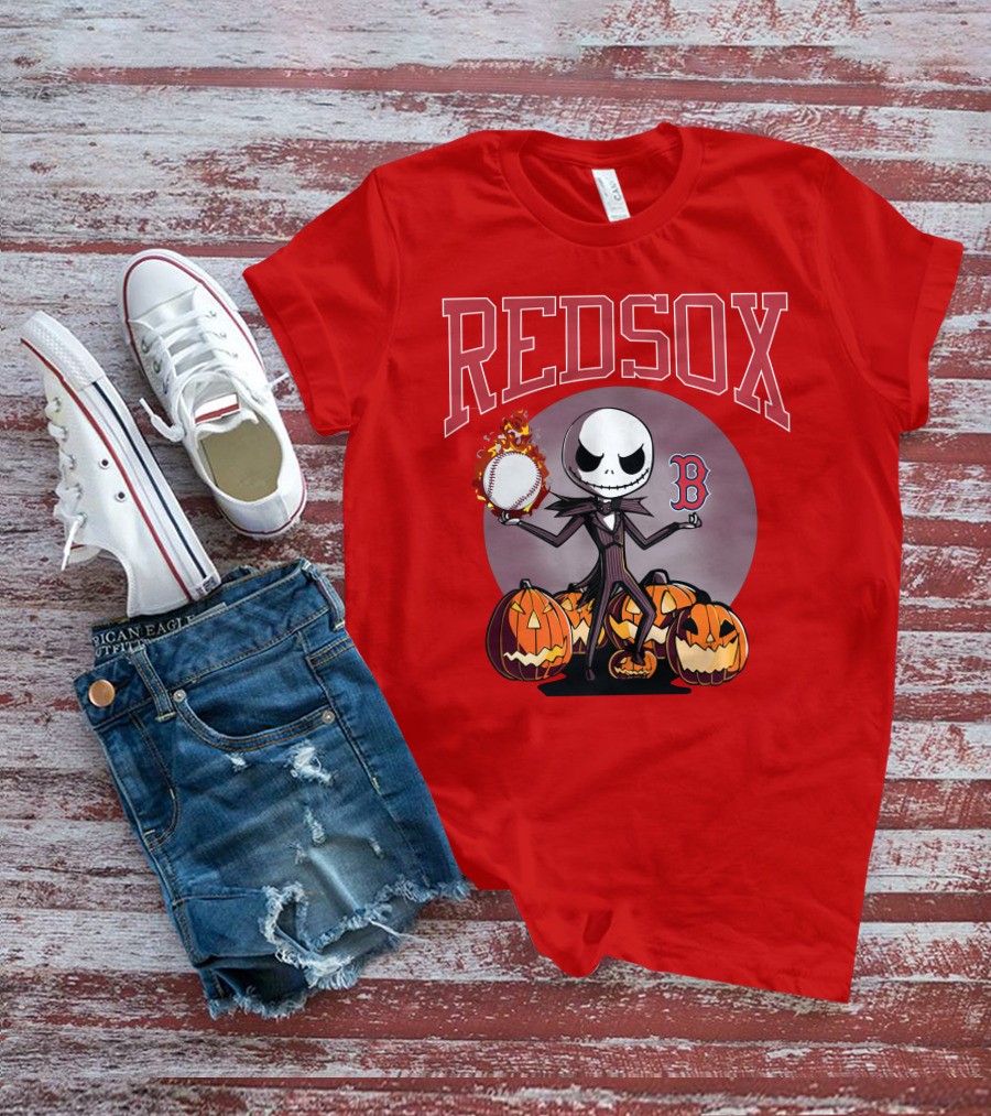 Red Sox Jack Skellington Halloween Pumpkins Baseball T-Shirt