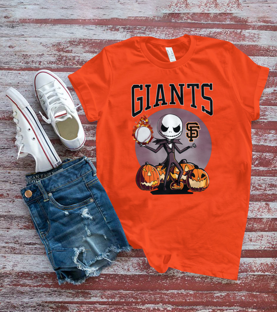 Giants Jack Skellington SF Logo Halloween Pumpkins Baseball T-Shirt