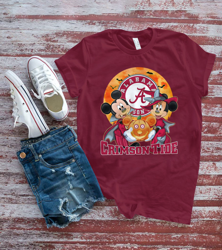 Alabama Crimson Tide Mickey Mouse Minnie Mouse Halloween Pumpkin Circle T-Shirt