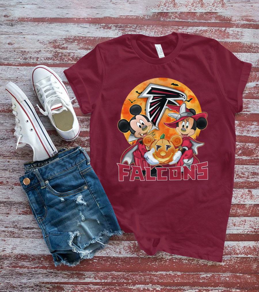 Atlanta Falcons Mickey Mouse Minnie Mouse Halloween Pumpkin T-Shirt