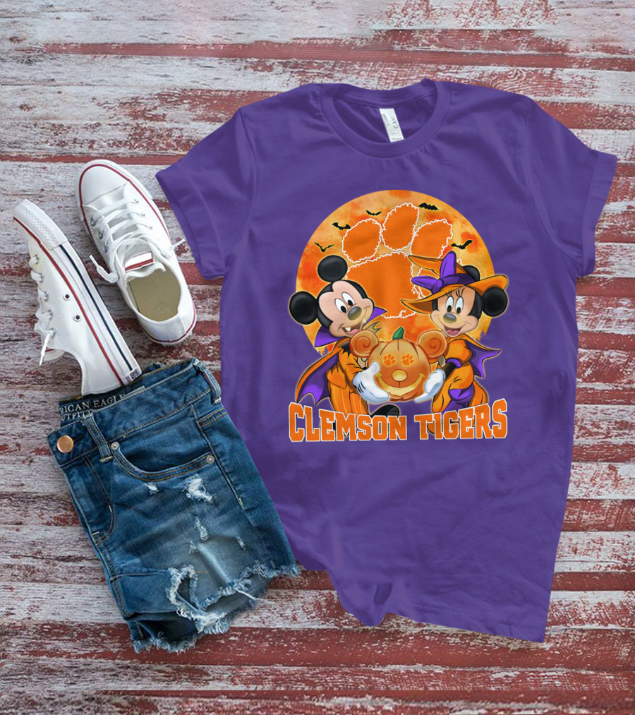 Clemson Tigers Mickey Mouse Minnie Mouse Halloween Pumpkin T-Shirt