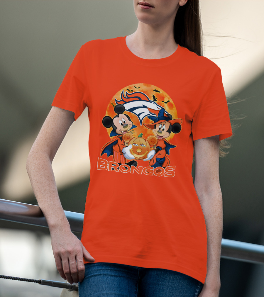 Denver Broncos Mickey Mouse And Minnie Mouse Halloween Broncos T-Shirt