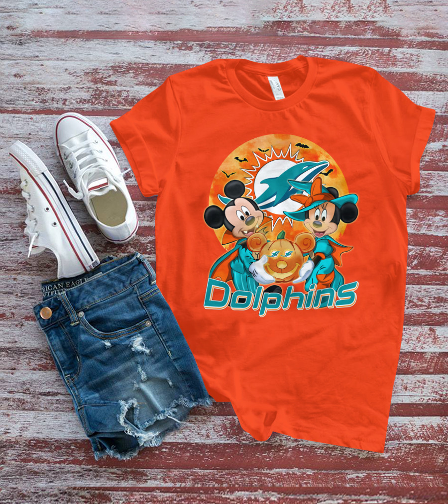 Miami Dolphins Mickey Minnie Halloween Pumpkin Bats T-Shirt