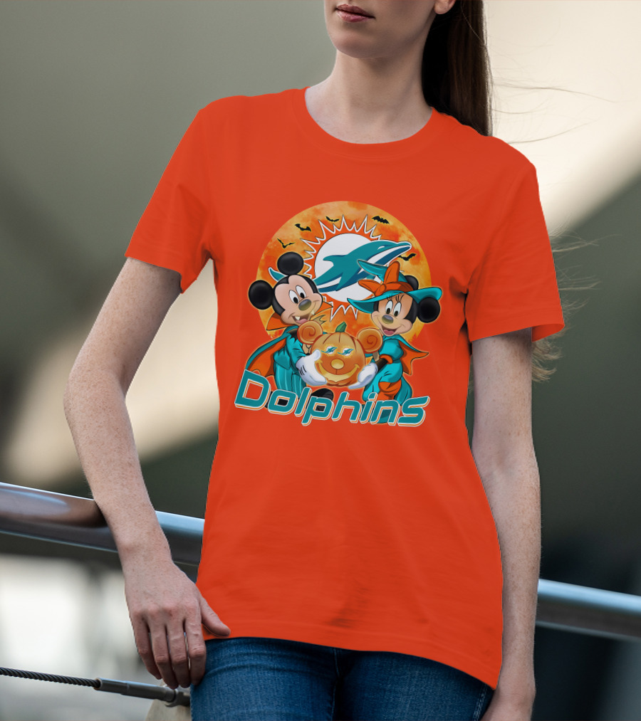 Miami Dolphins Mickey Minnie Halloween Pumpkin Bats T-Shirt