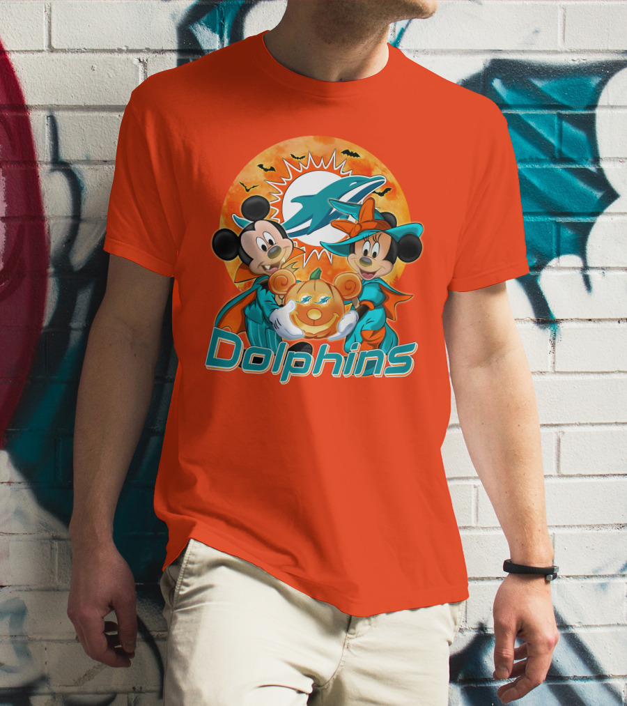 Miami Dolphins Mickey Minnie Halloween Pumpkin Bats T-Shirt