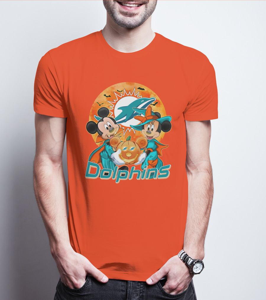 Miami Dolphins Mickey Minnie Halloween Pumpkin Bats T-Shirt