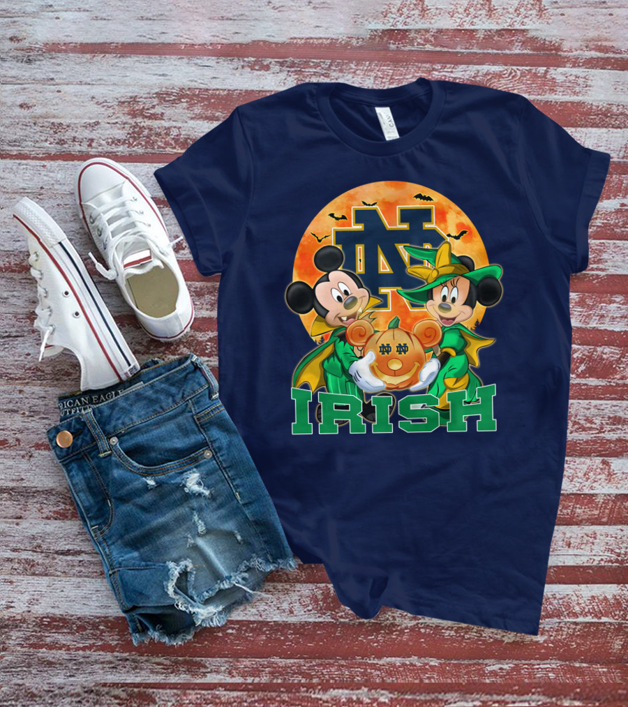 Notre Dame Fighting Irish Mickey Mouse Minnie Mouse Halloween Irish Pumpkin T-Shirt