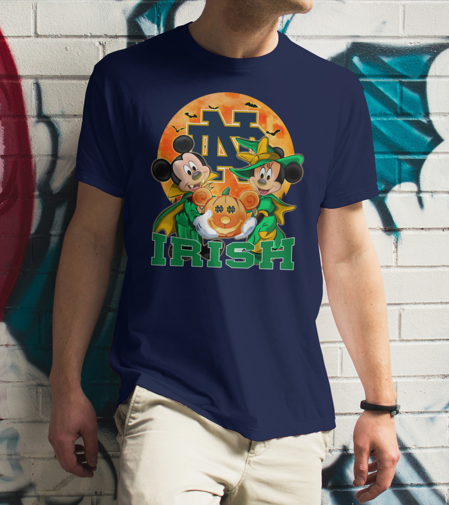 Notre Dame Fighting Irish Mickey Mouse Minnie Mouse Halloween Irish Pumpkin T-Shirt