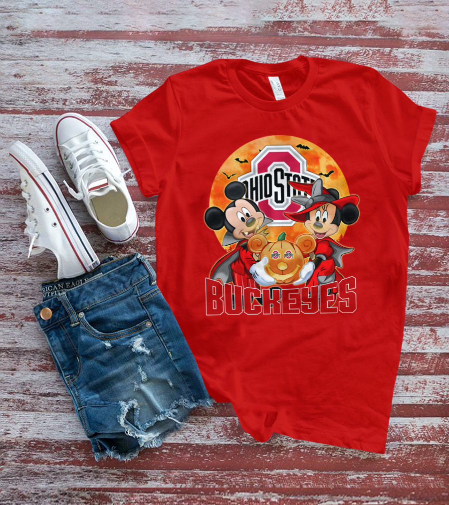 Ohio State Buckeyes Mickey Mouse Minnie Mouse Halloween Pumpkin T-Shirt