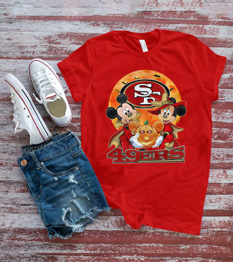 San Francisco 49ers Mickey Mouse Minnie Mouse Halloween Pumpkin T-Shirt