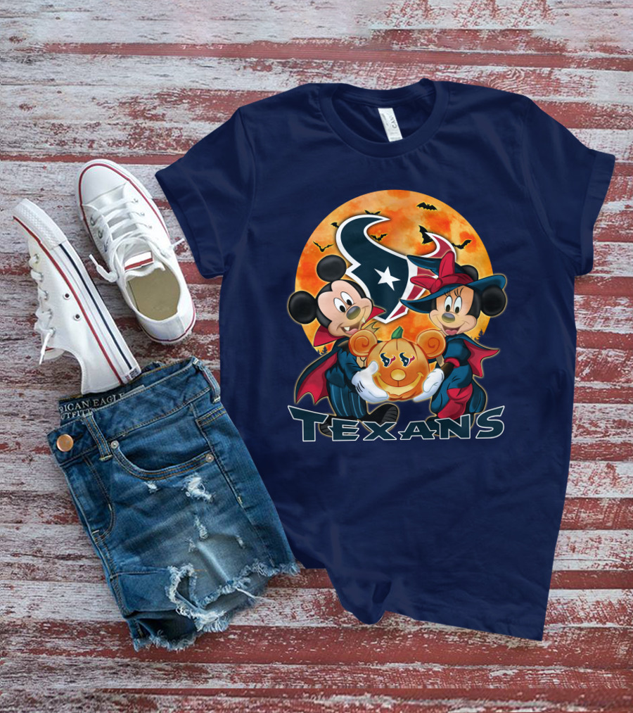 Houston Texans Mickey Mouse And Minnie Mouse Halloween Pumpkin Moon Bats T-Shirt
