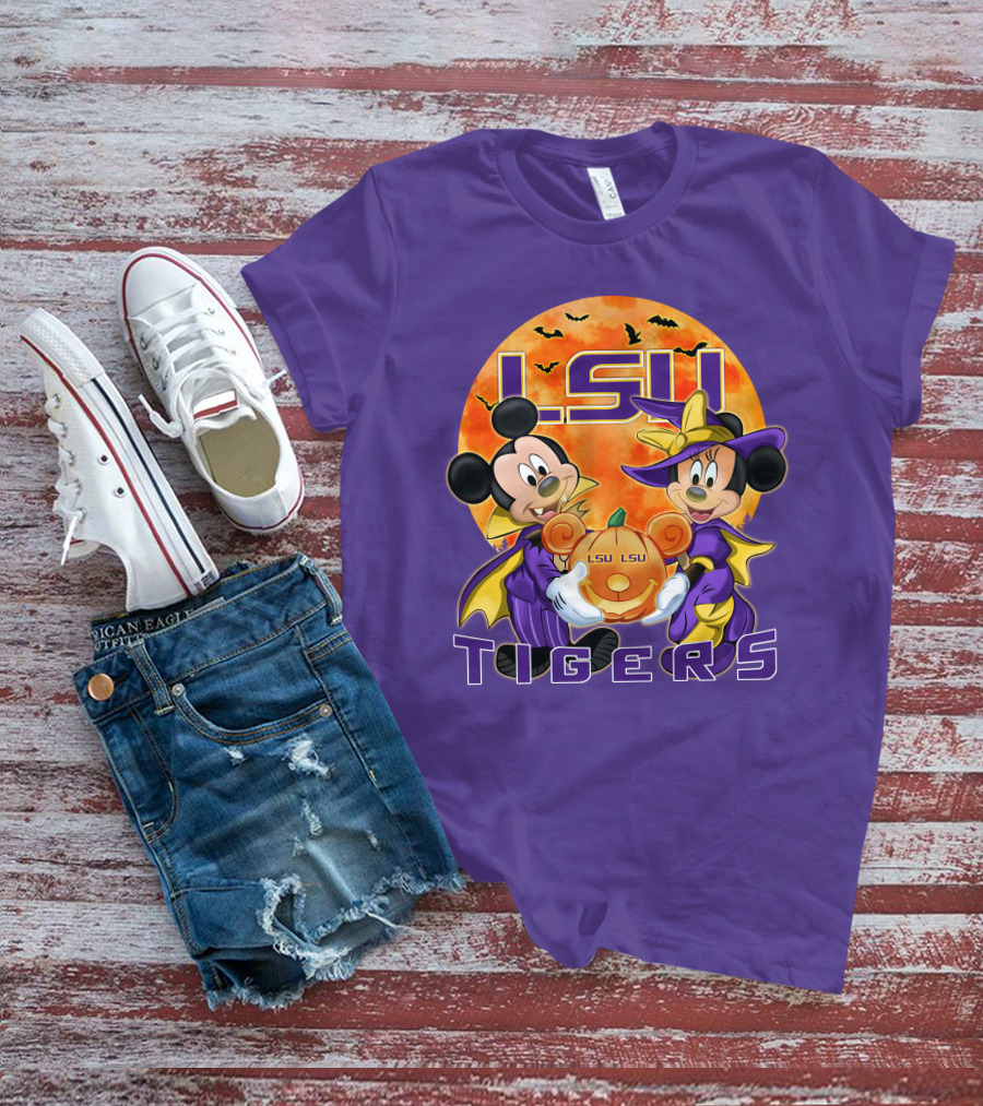 LSU Tigers Mickey Mouse And Minnie Mouse Halloween Pumpkin T-Shirt