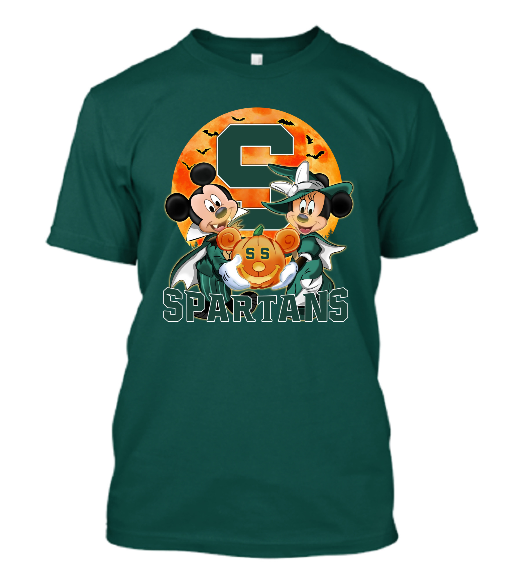 Michigan State Spartans Mickey Mouse Minnie Mouse Halloween Pumpkin Moon Bats T-Shirt