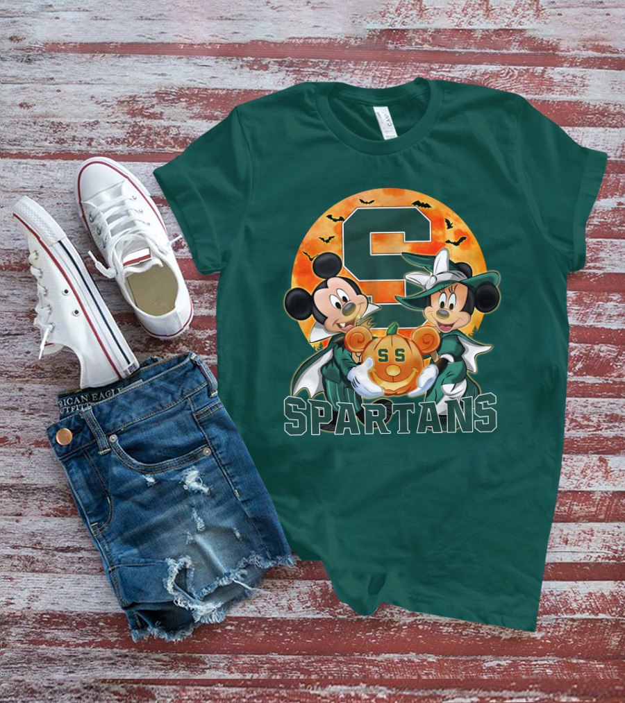 Michigan State Spartans Mickey Mouse Minnie Mouse Halloween Pumpkin Moon Bats T-Shirt