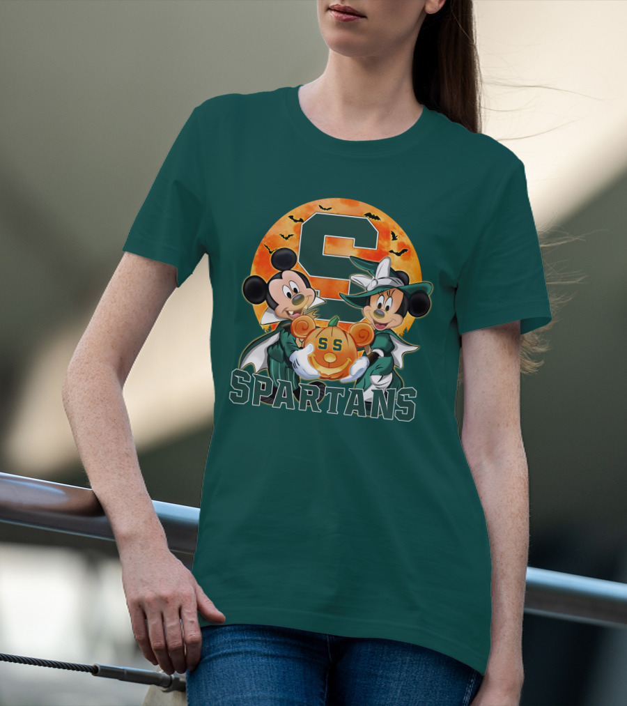 Michigan State Spartans Mickey Mouse Minnie Mouse Halloween Pumpkin Moon Bats T-Shirt