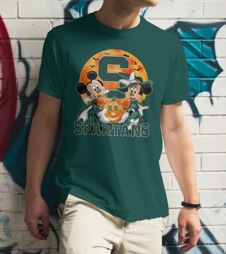 Michigan State Spartans Mickey Mouse Minnie Mouse Halloween Pumpkin Moon Bats T-Shirt