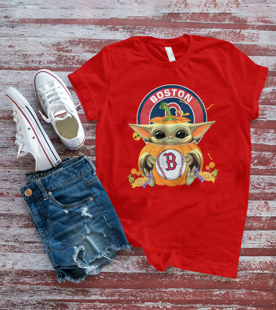 Boston Red Sox Halloween Baby Yoda Pumpkin Hug T-Shirt