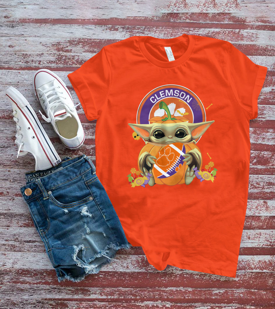 Halloween Pumpkin Baby Yoda Clemson Tigers Football T-Shirt