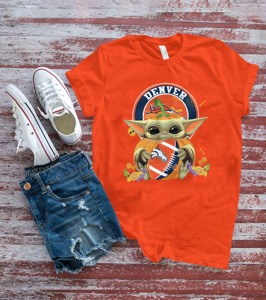 Halloween Pumpkin Baby Yoda Holding Denver Broncos Football Logo With Candy And Skulls T-Shirt