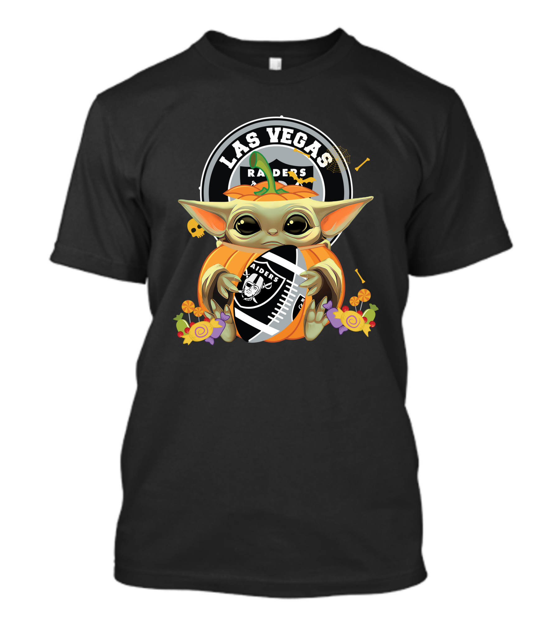 Halloween Pumpkin Baby Yoda Holding Las Vegas Raiders Football T-Shirt