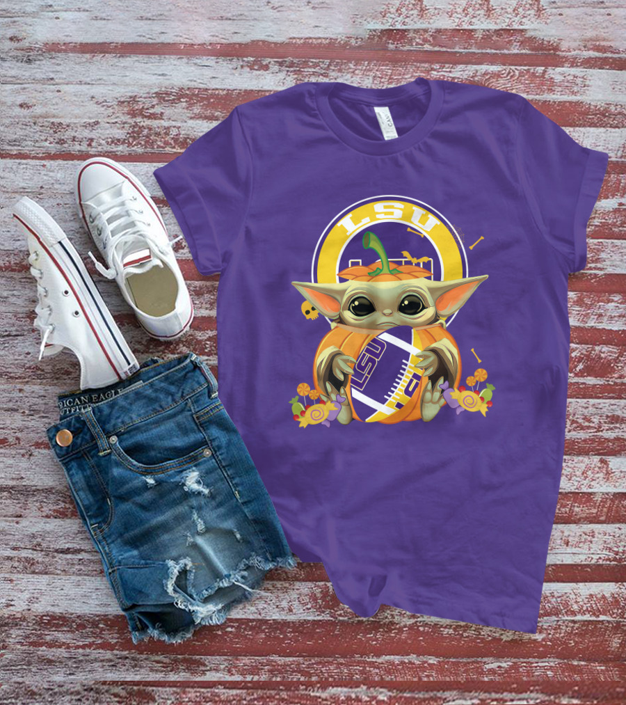 LSU Tigers Halloween Pumpkin Baby Yoda Hug Football T-Shirt