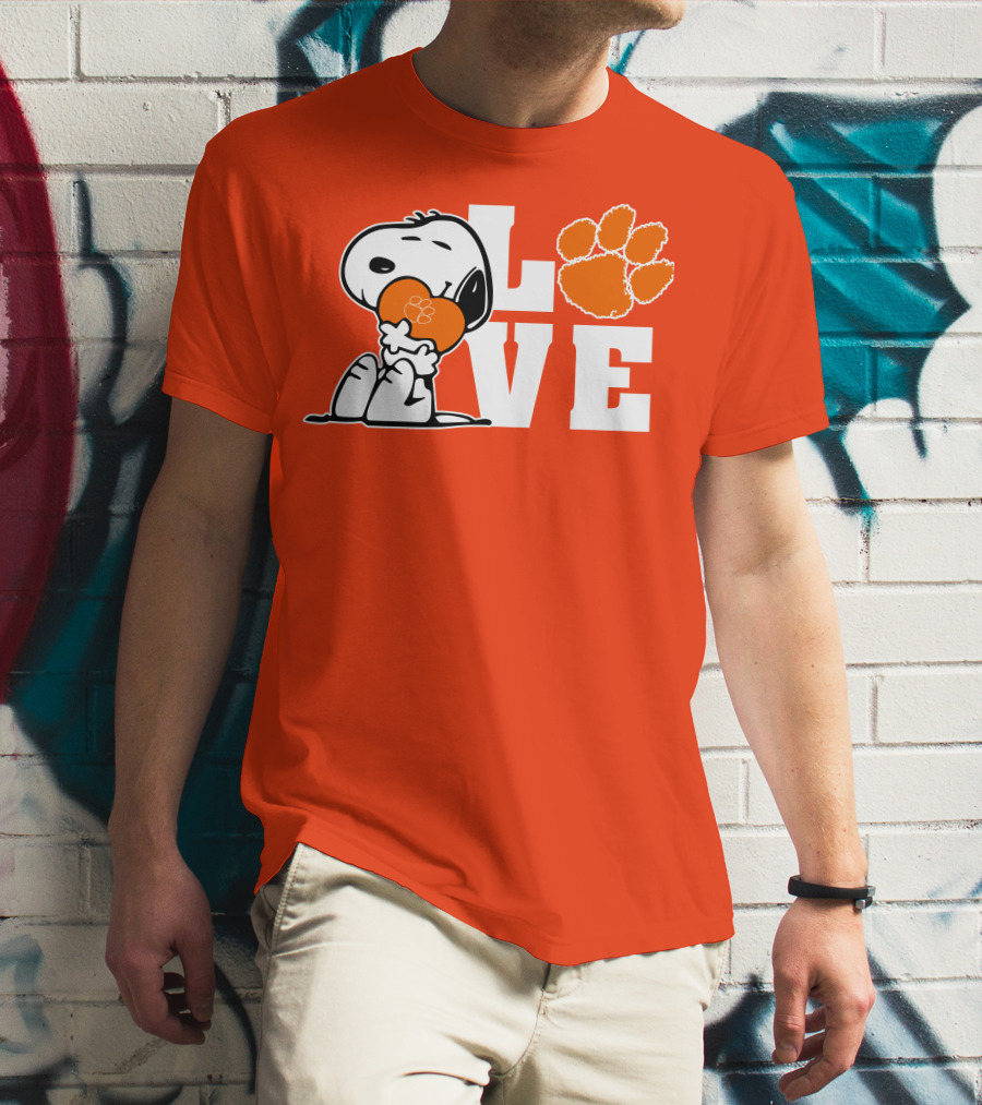 Snoopy Heart Love Clemson Tigers Paw Print T-Shirt
