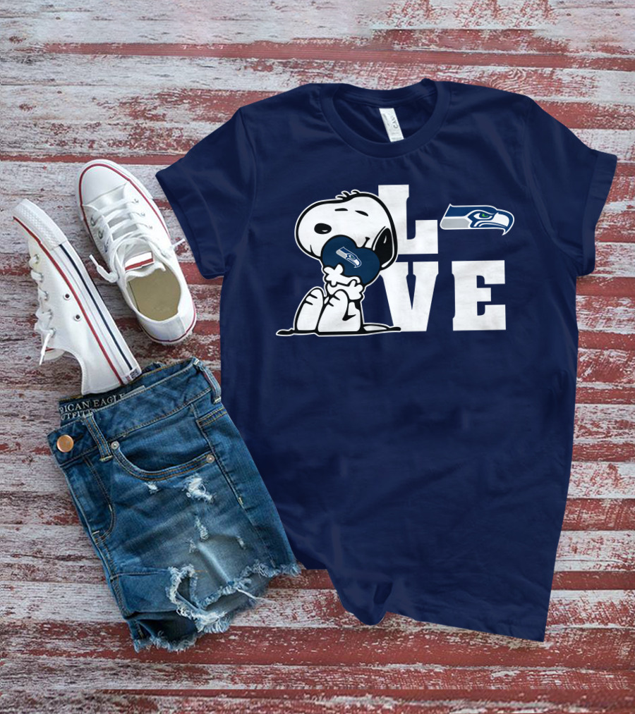 Snoopy Love Seattle Seahawks Heart Hugging Football Fan Peanuts Collaboration T-Shirt