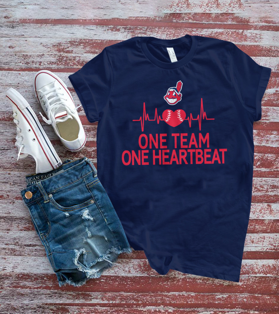 Cleveland Indians One Team One Heartbeat Baseball Heartbeat Line Chief Wahoo T-Shirt