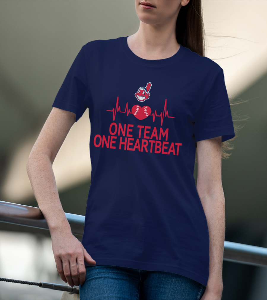 Cleveland Indians One Team One Heartbeat Baseball Heartbeat Line Chief Wahoo T-Shirt