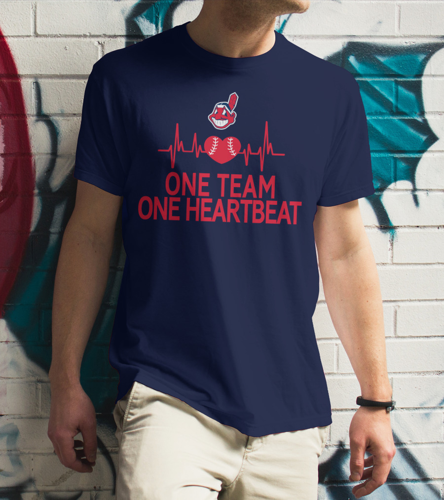 Cleveland Indians One Team One Heartbeat Baseball Heartbeat Line Chief Wahoo T-Shirt