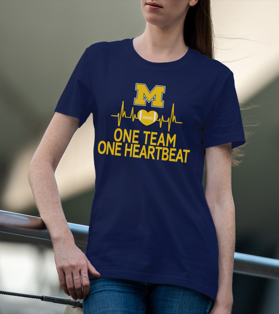 M Michigan Wolverines Football One Team One Heartbeat T-Shirt