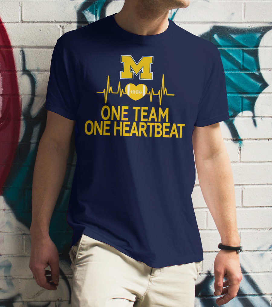 M Michigan Wolverines Football One Team One Heartbeat T-Shirt