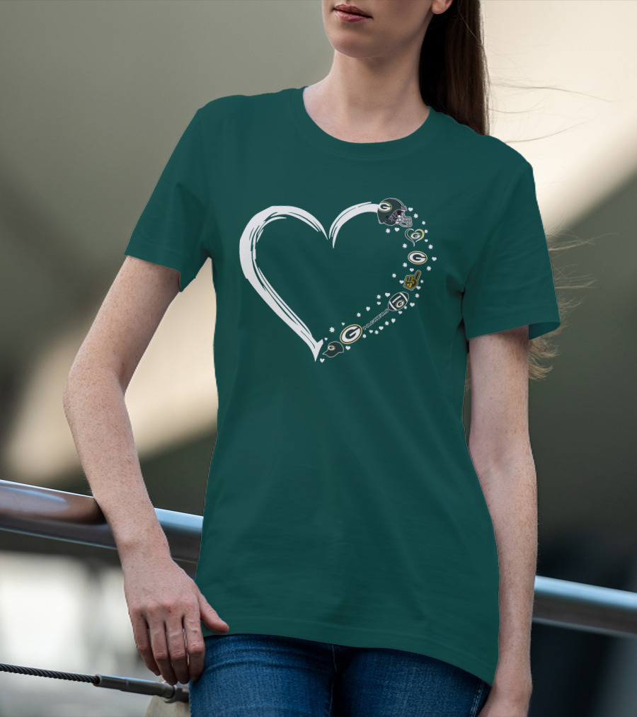 Green Bay Packers Heart With Logos And Helmet T-Shirt