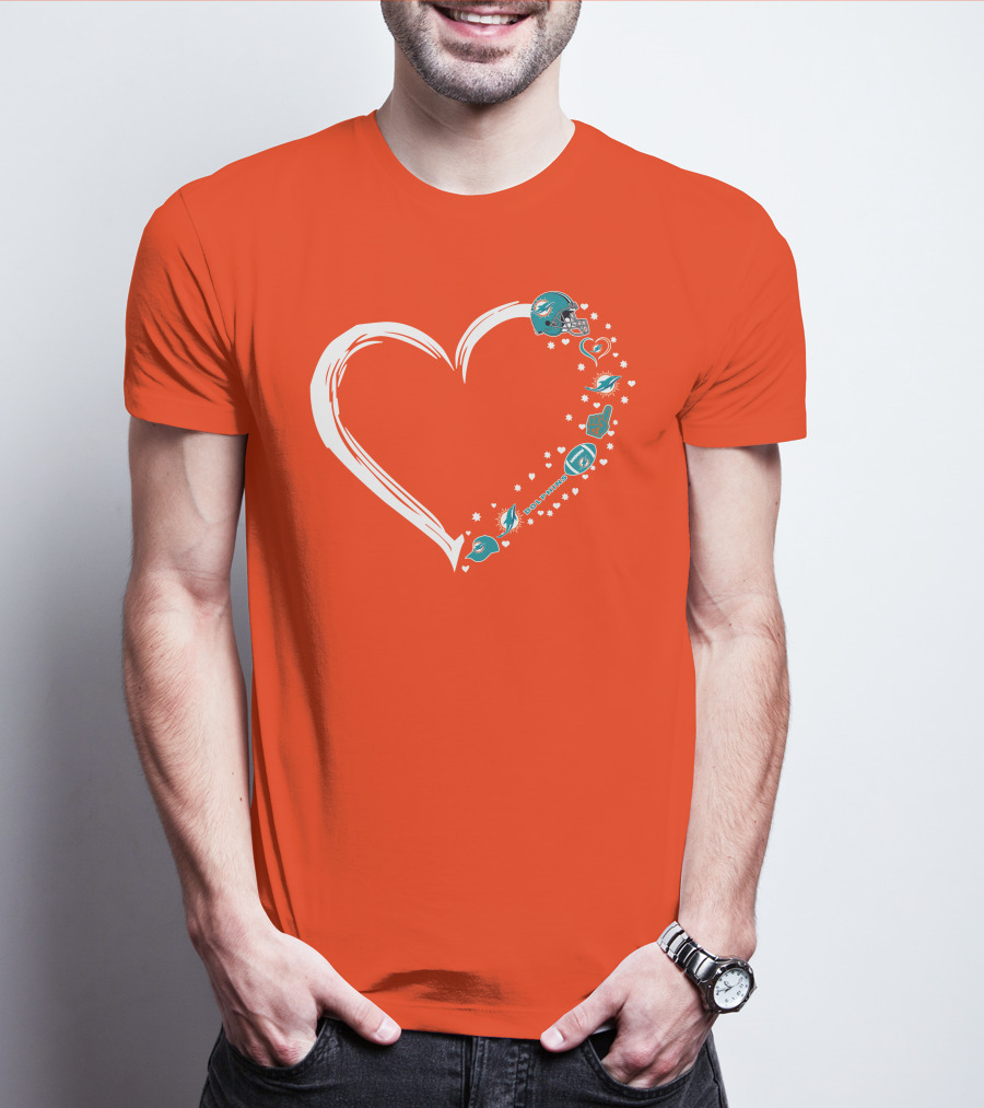 Miami Dolphins Heart Design With Helmets T-Shirt