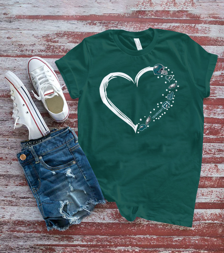 Philadelphia Eagles Heart Design With Logo And Helmet Elements T-Shirt