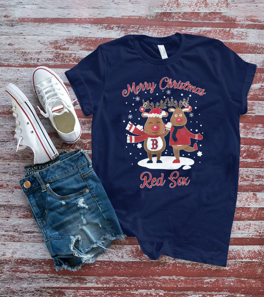 Merry Christmas Red Sox Reindeer With Snowflakes And Baseball Gear T-Shirt