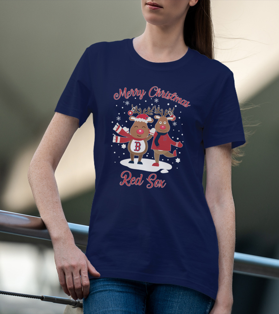 Merry Christmas Red Sox Reindeer With Snowflakes And Baseball Gear T-Shirt