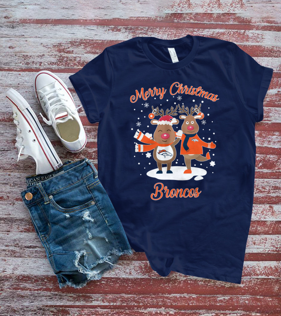 Merry Christmas Broncos Reindeer Snowflakes T-Shirt
